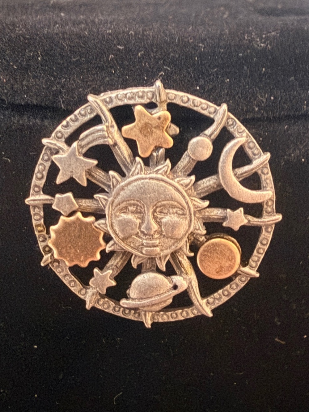 Vintage JJ Jonette Signed Celestial Solar System Pin — Mixed Metal Pewter Cosmic